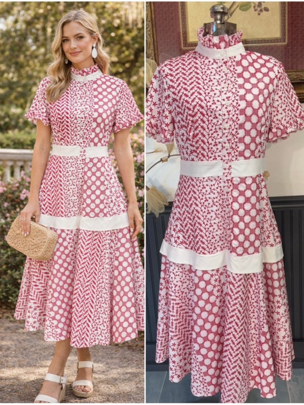 NWT Coleman Collection Embroidered Patchwork Mock Neck A Line Dress Size S🧡🍄
